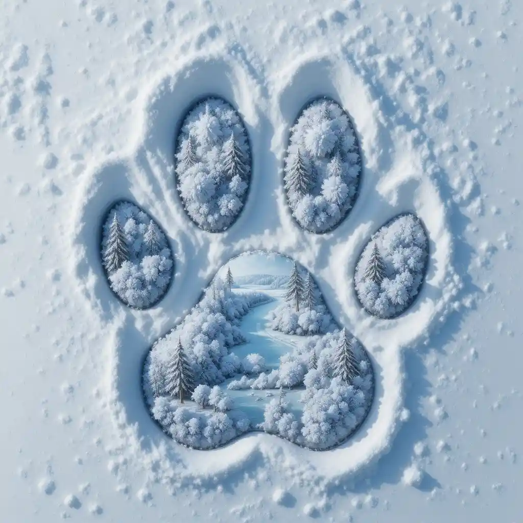 Detaillierter Tierpfotenabdruck mit Winterlandschaften