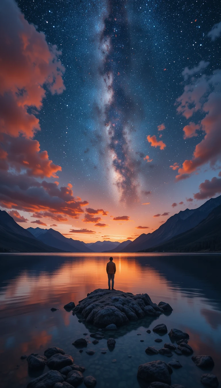 Figura solitaria en un lago de montaña estrellado al atardecer