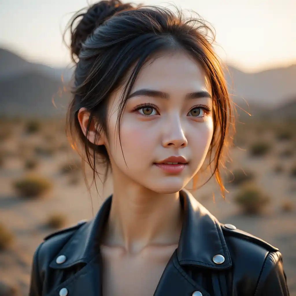 석양이 지는 사막 풍경 속 검은 재킷을 입은 젊은 여성