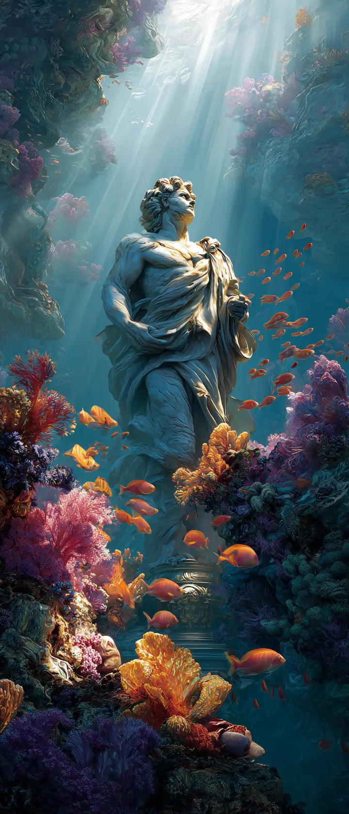 Mythic marble statue standing in a glowing underwater reef