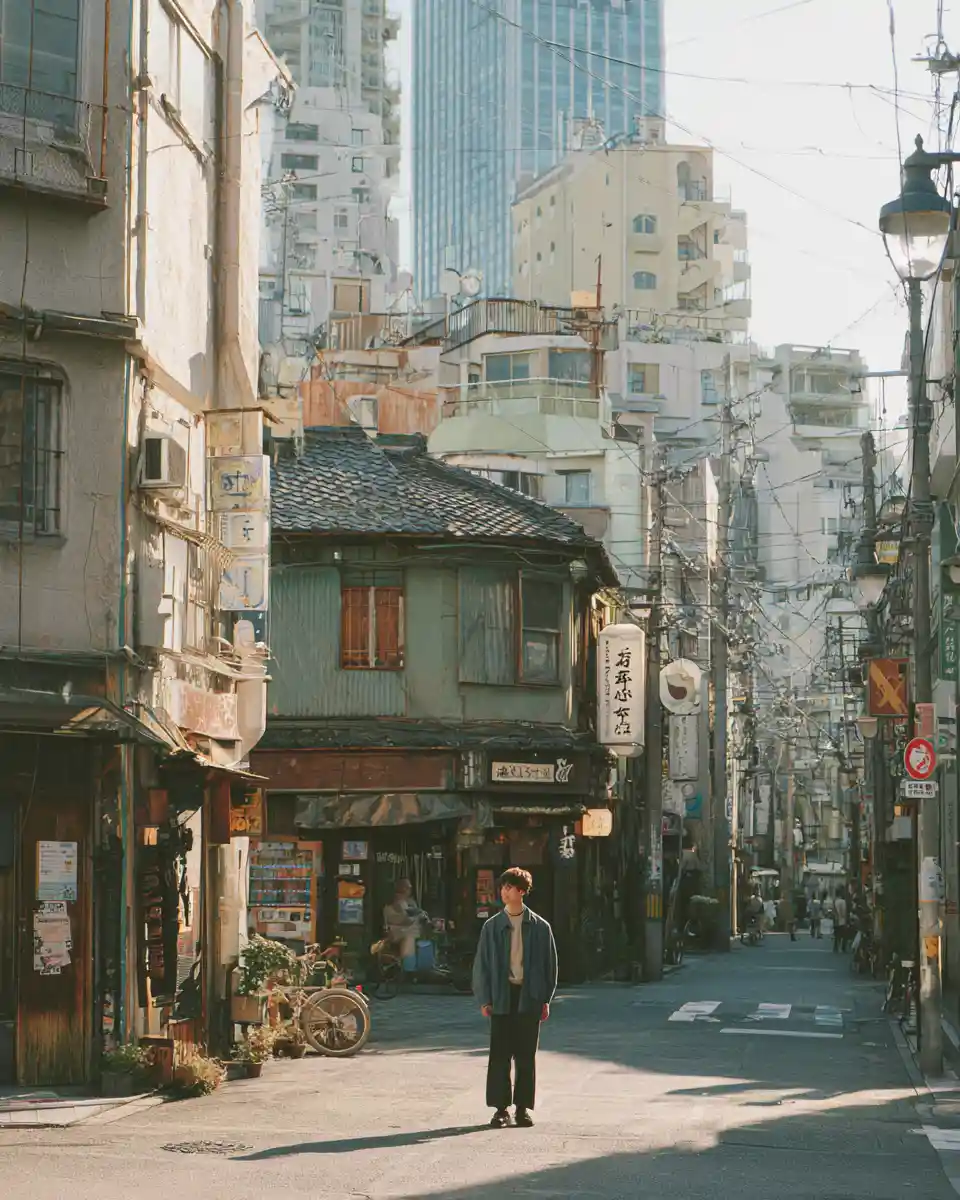 Surreal Tokyo street with sideways gravity and grounded man
