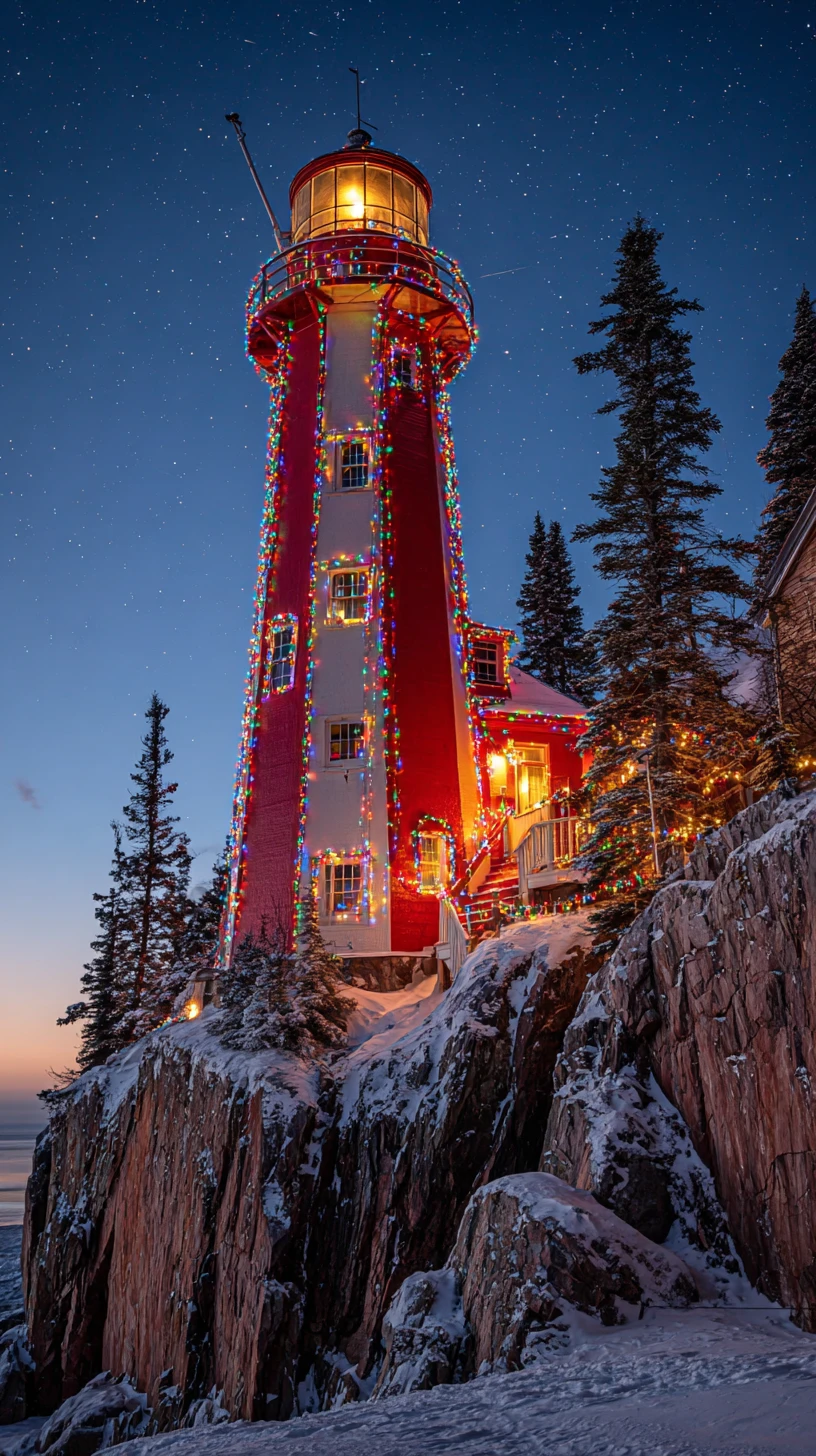 Snowy lighthouse decorated with festive Christmas lights at dusk