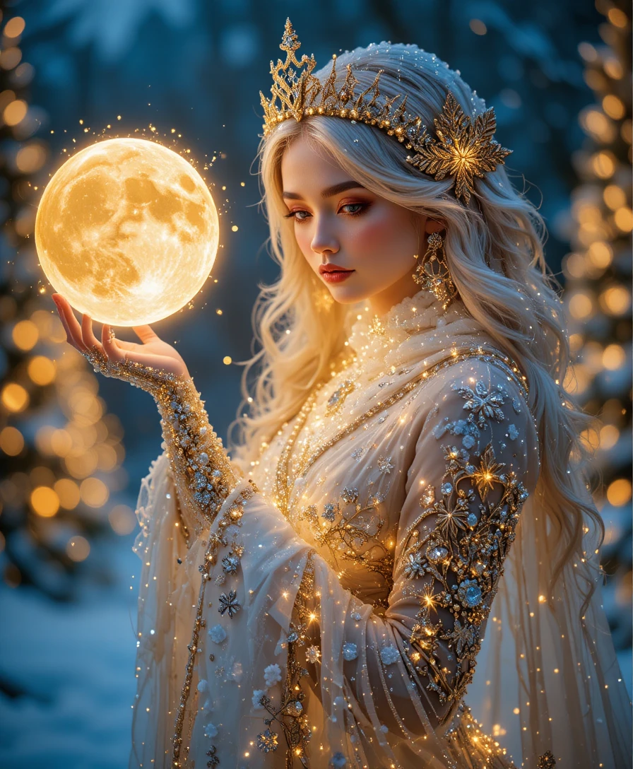 Snow maiden holding a glowing neon moon in her hand