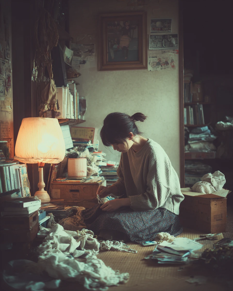 Man mending clothes on floor in retro japanese living room
