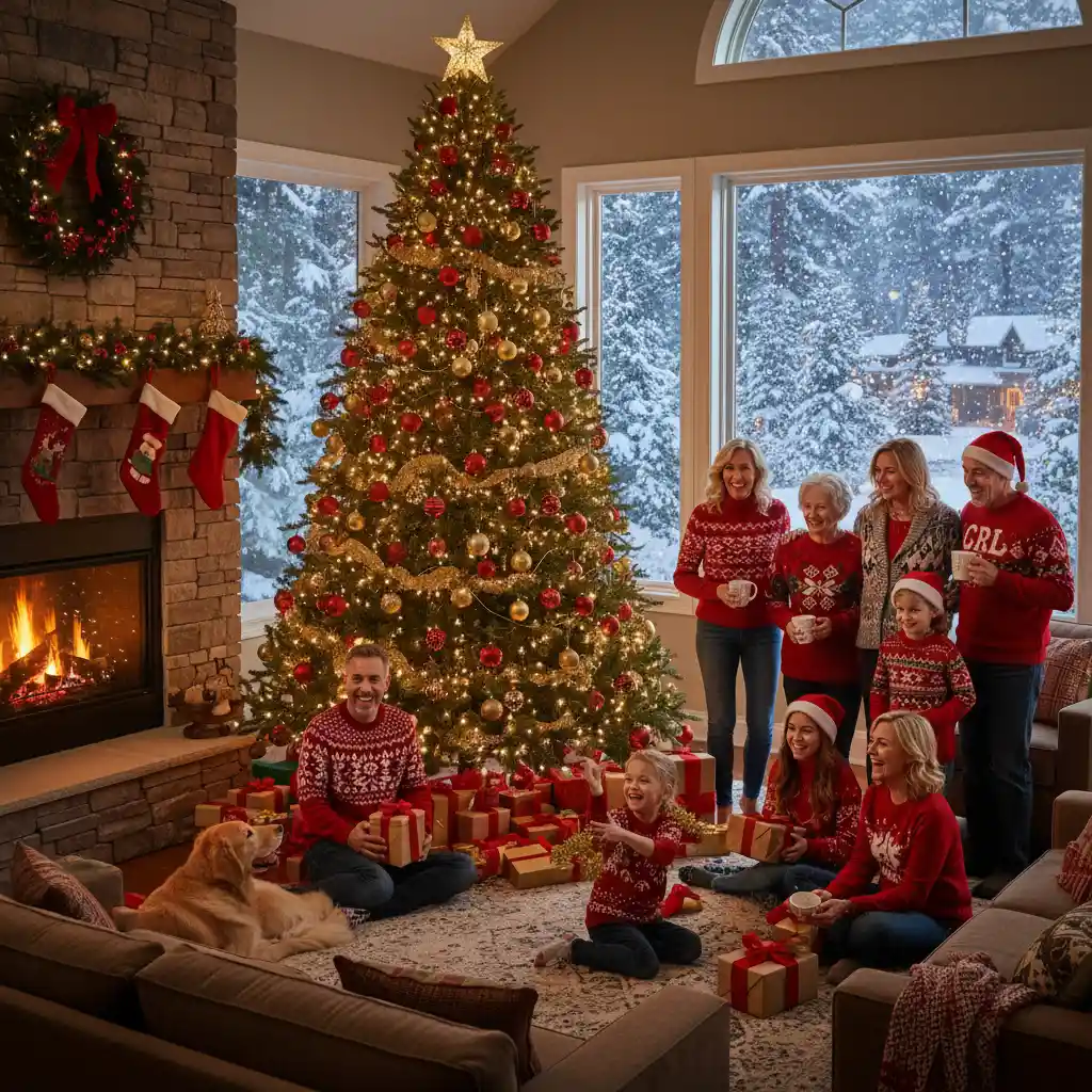 Family gathered around a christmas tree in cozy living room