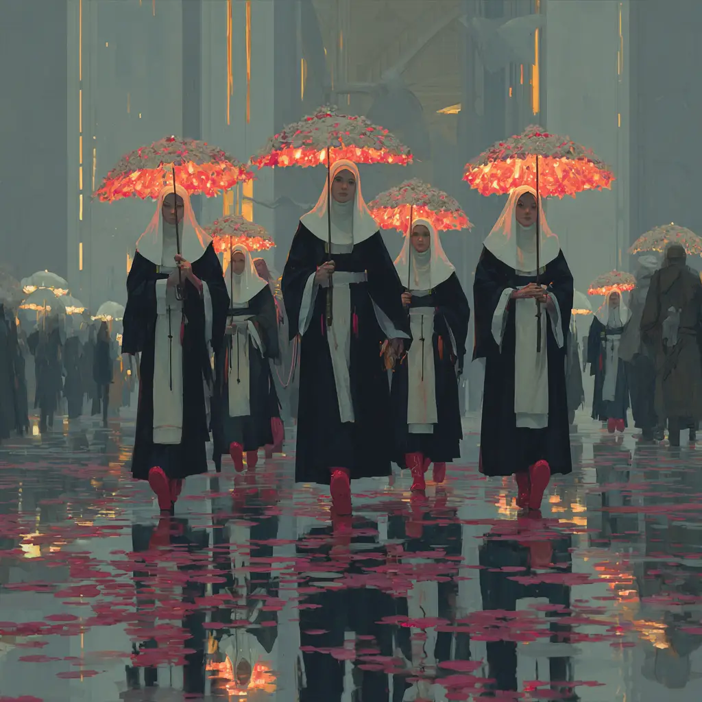 Whimsical nuns in red boots walking under glowing flower umbrellas