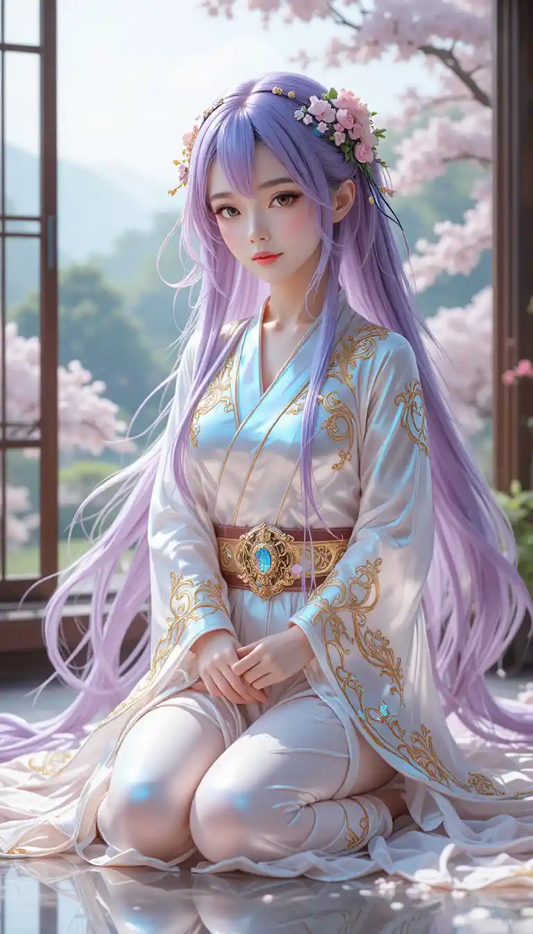 Ethereal woman with purple hair in a shimmering robe