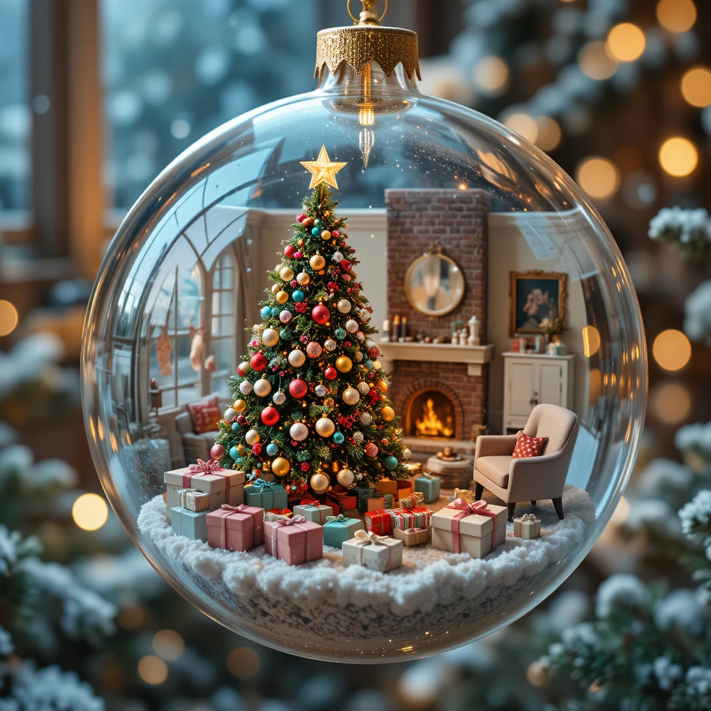 Glass Christmas ornament with tiny vintage living room
