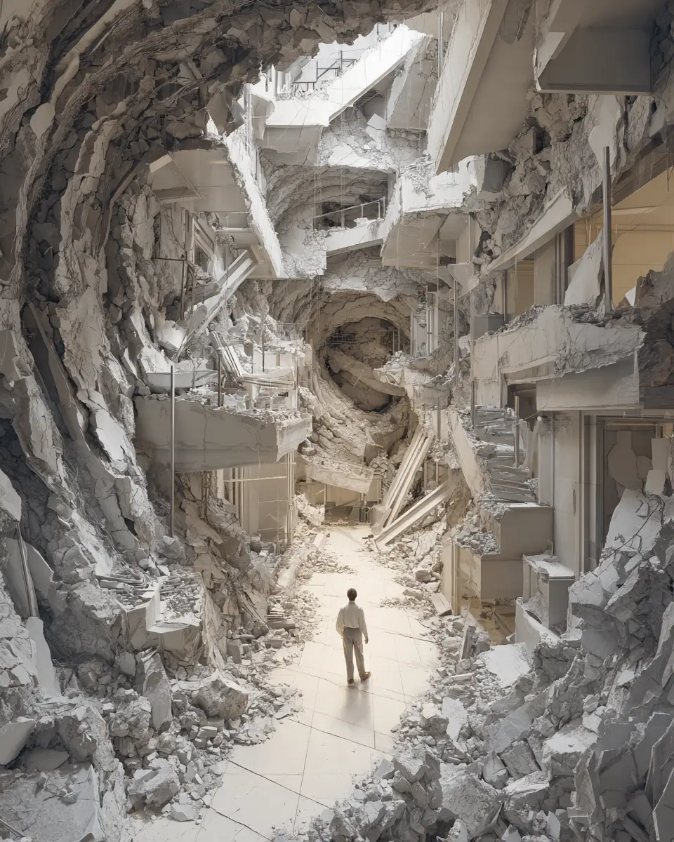 Surreal Tokyo apartment collapsing around a lone man
