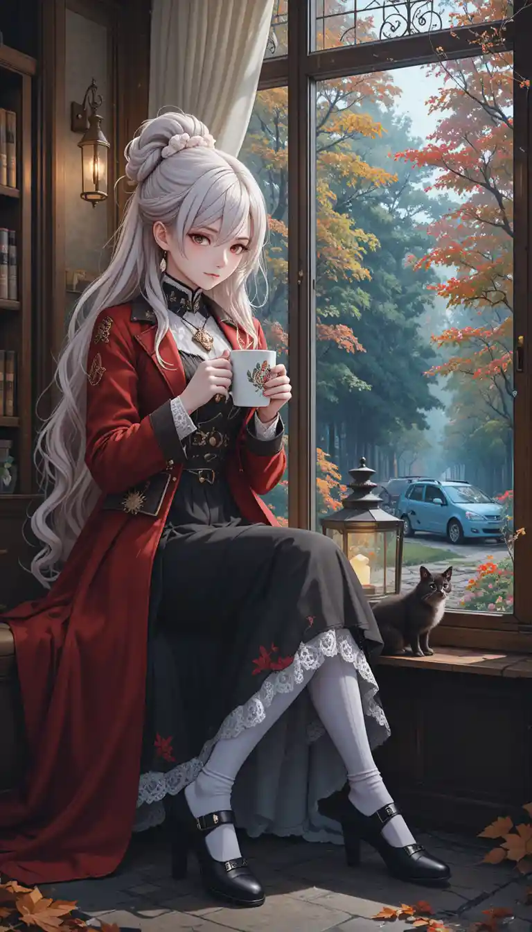 Ragazza anime dai capelli bianchi con cappotto rosso che beve caffè in un bar