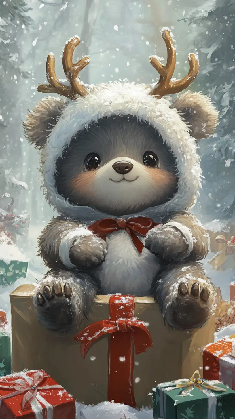 Cute bear in reindeer costume falling among gifts