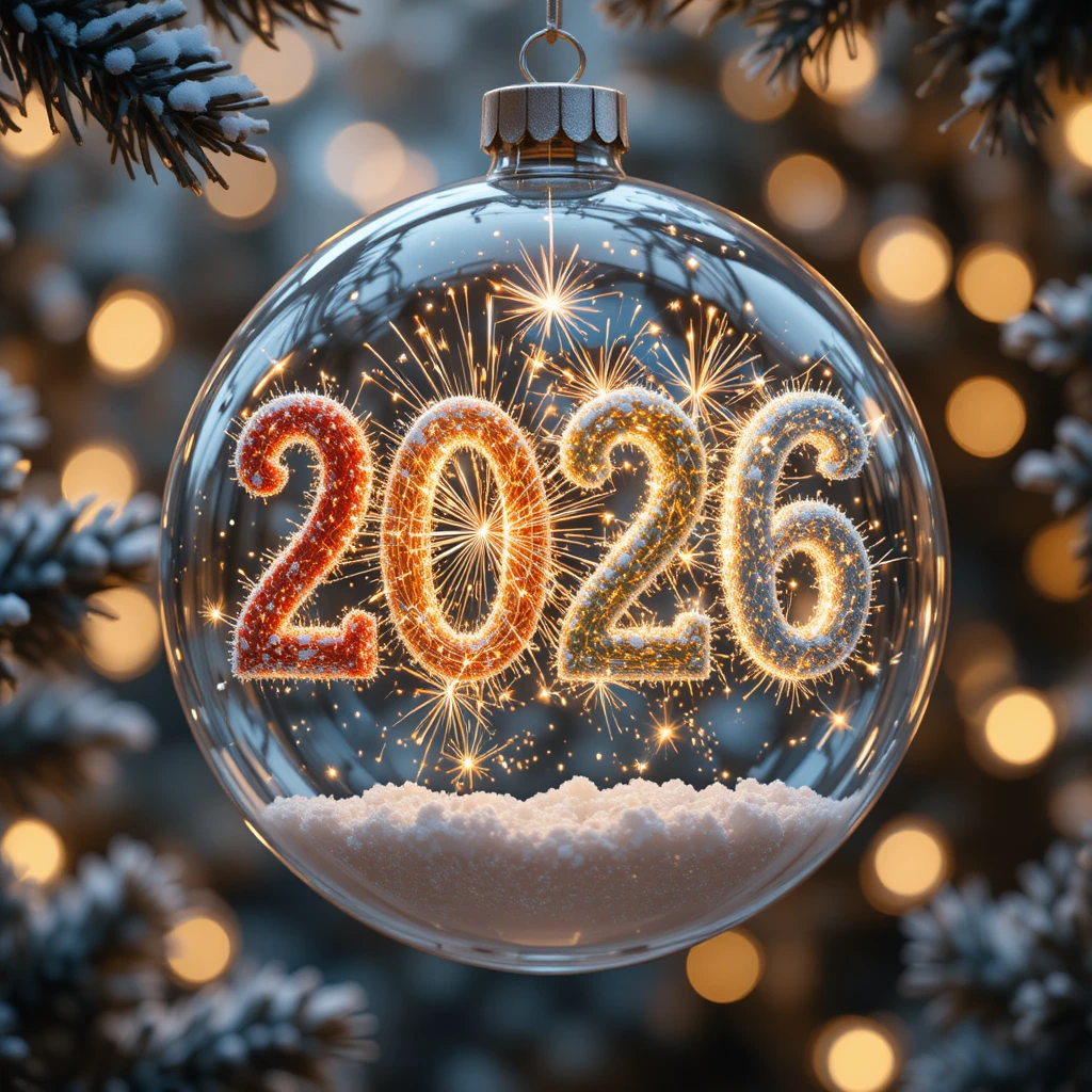 Adorno navideño de vidrio con fuegos artificiales 2026 brillando en su interior
