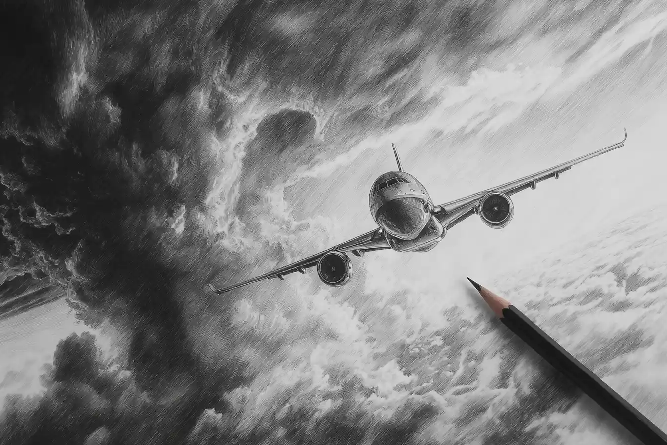 Schizzo a matita di un aereo che vola in un temporale drammatico