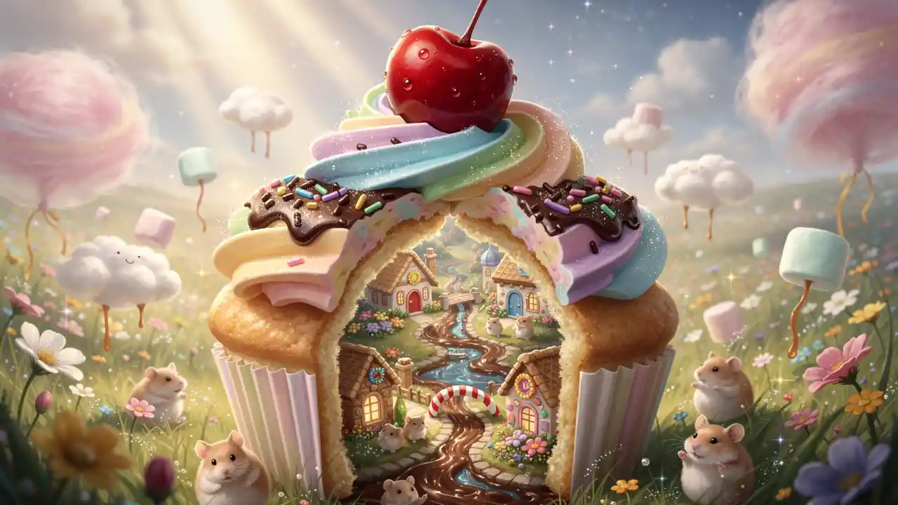 Giant Rainbow Cupcake In A Whimsical Candy Fantasy Meadow