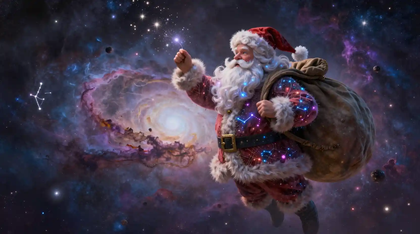 Celestial Santa Claus Floating Through Glowing Cosmic Nebulae