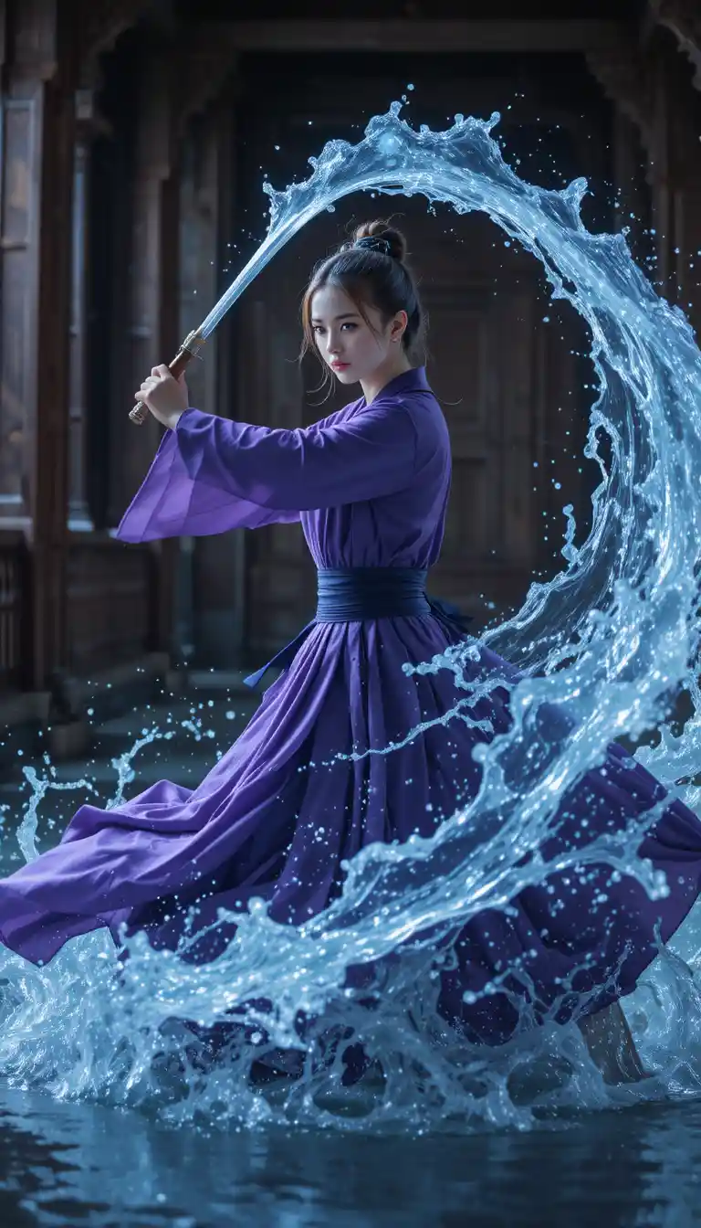 Warrior woman with sword commands swirling water indoors