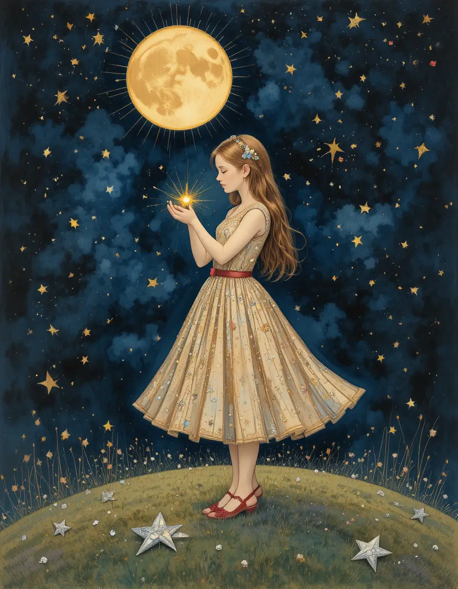 Young girl holding a shining star under a moonlit sky