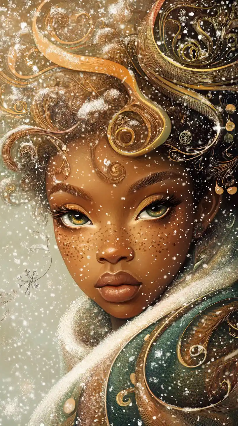 Whimsical winter pixie in a vibrant snowy dreamscape