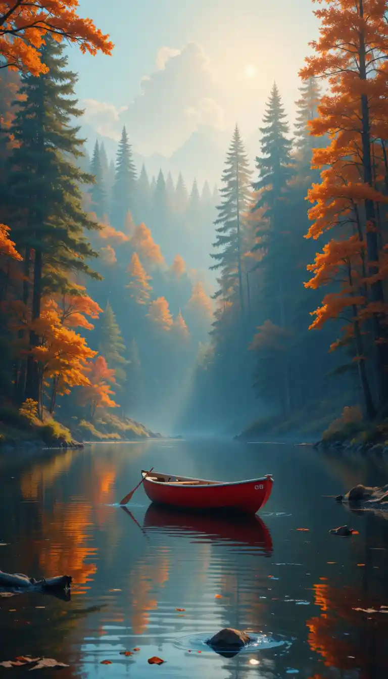 Rotes Ruderboot auf ruhigem Waldsee