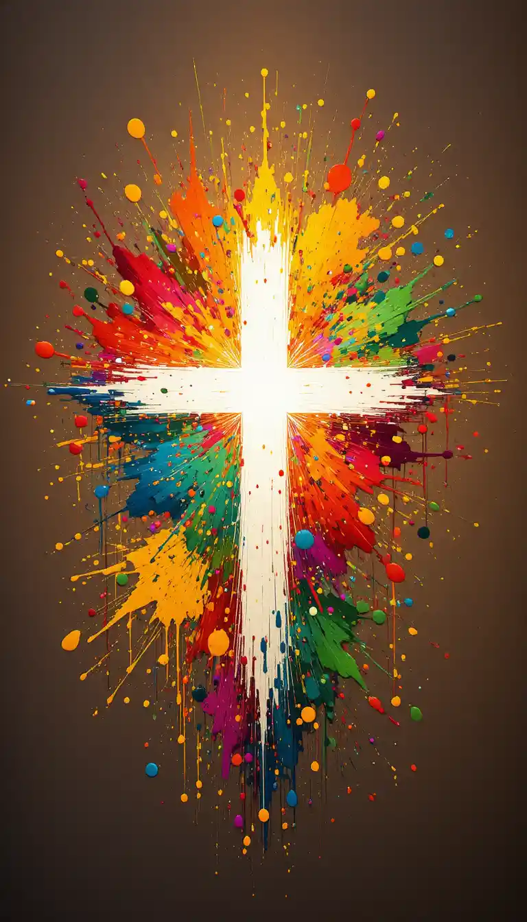 Croix blanche lumineuse avec éclaboussures de peinture abstraite colorée