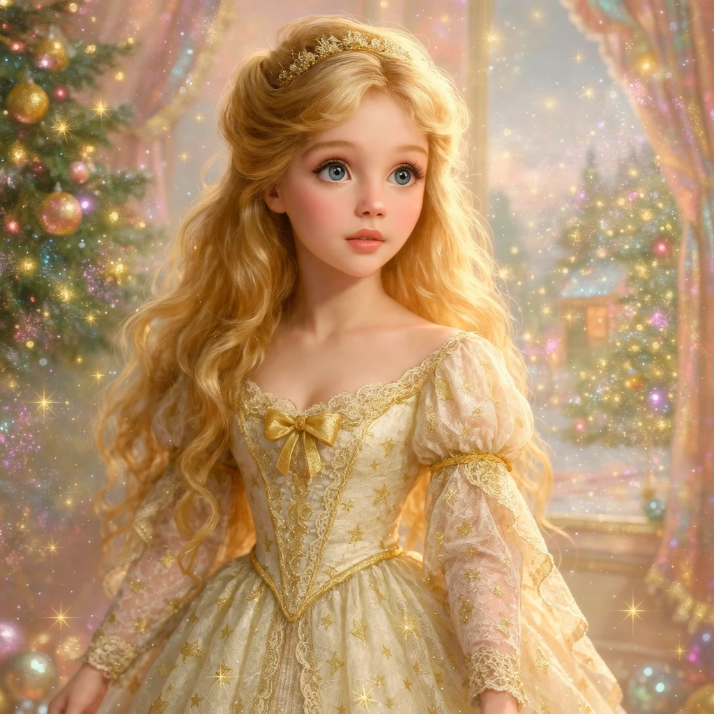 Fillette de conte de fées aux cheveux dorés dans une scène de Noël magique