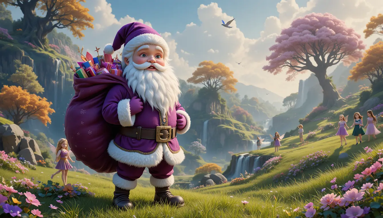 Lächelnder junger Jungen-Weihnachtsmann in violetten Kleidern im Märchenwald