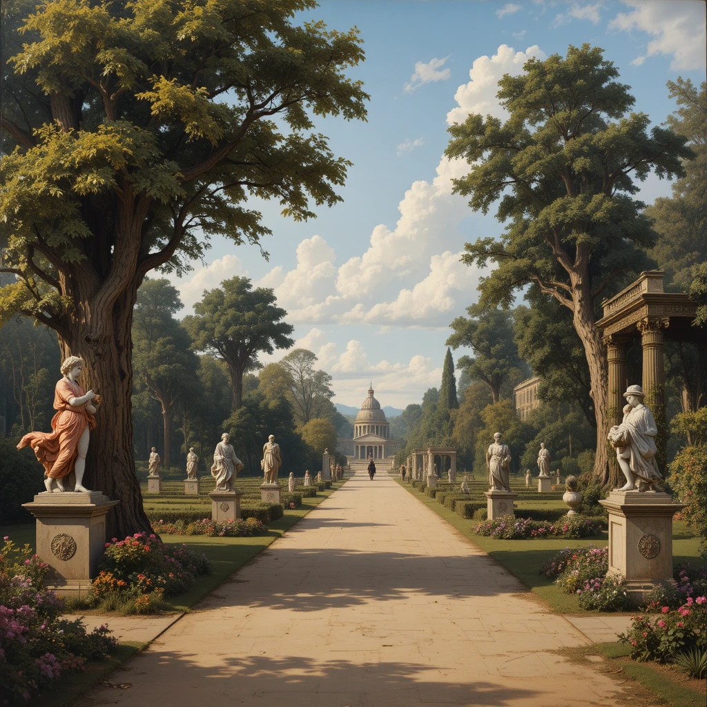 Lavendel-Barockgarten mit prachtvoller Architektur und Statuen