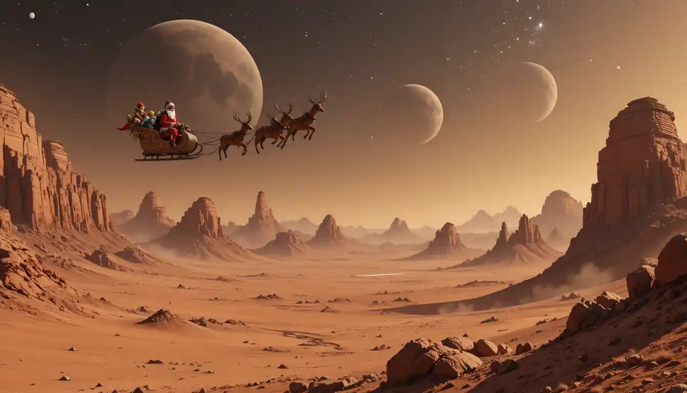Grünes Alienkind beobachtet den Weihnachtsmann über den Bergen des Mars