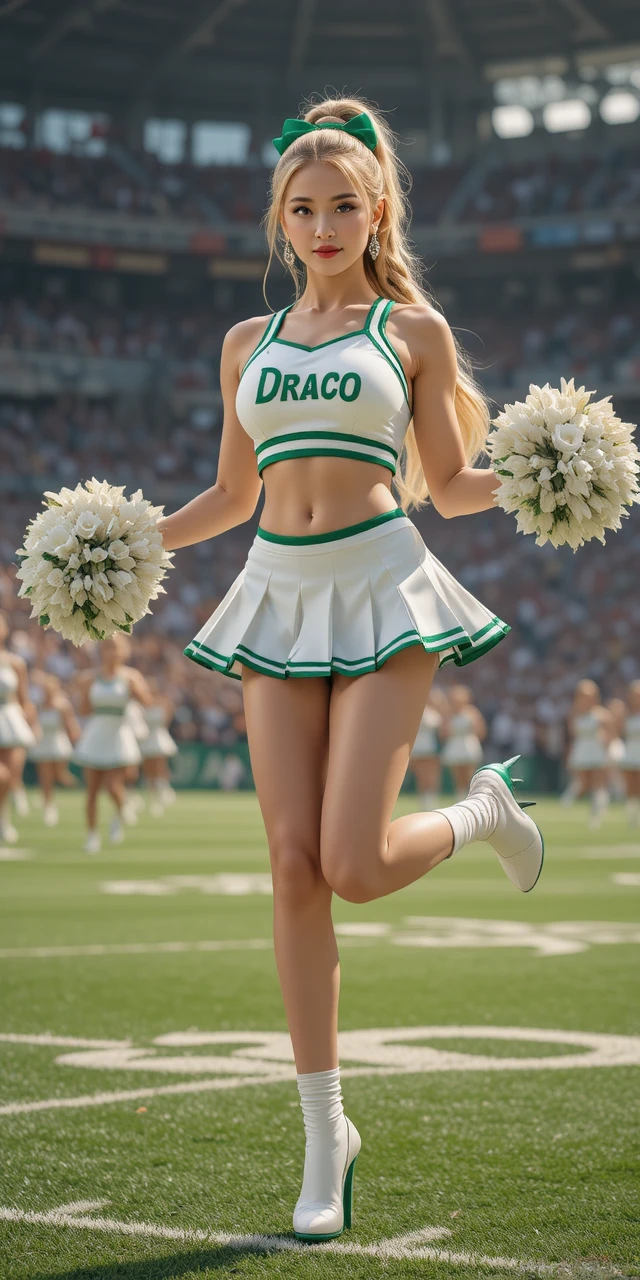 Blonde cheerleader jumping on football field with pompoms