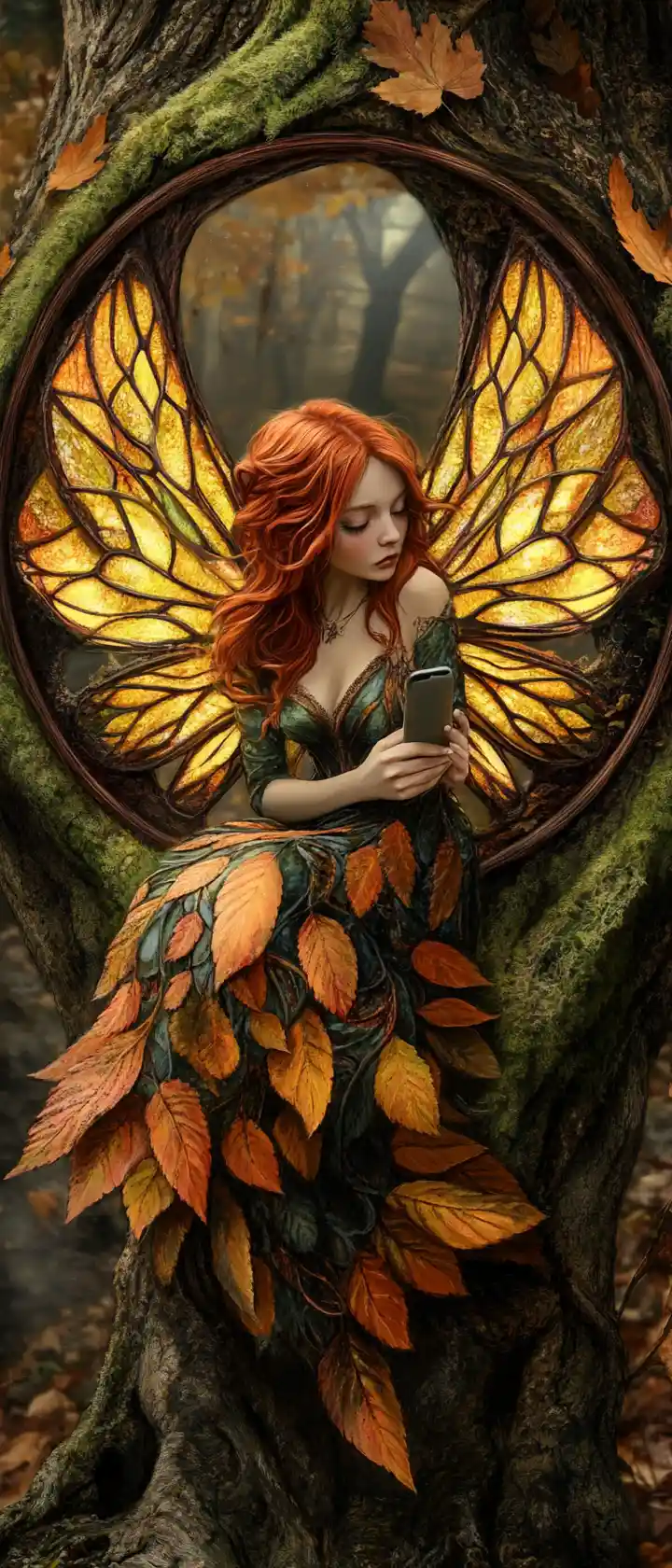 Boho fairy with iphone in an enchanted autumn forest