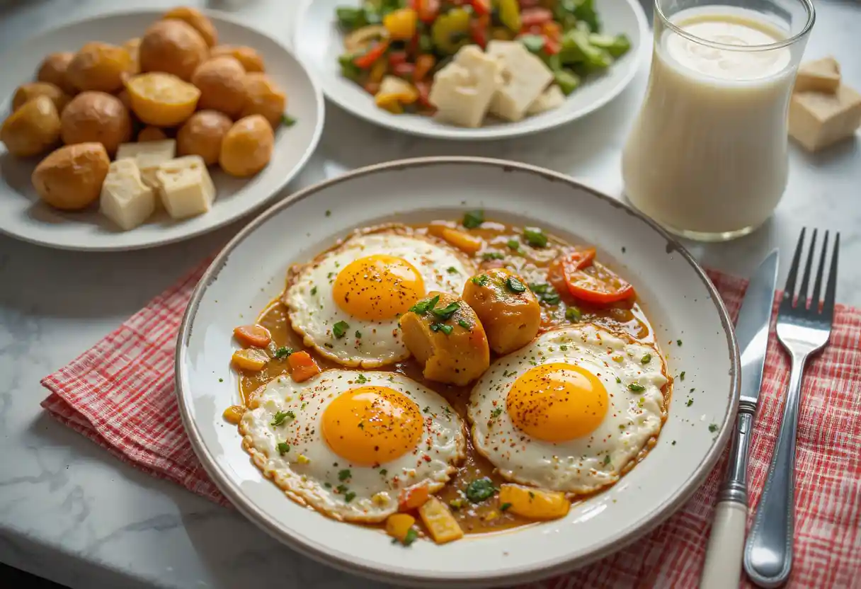 Mesa de desayuno soleada con huevos, ensalada, patatas y leche