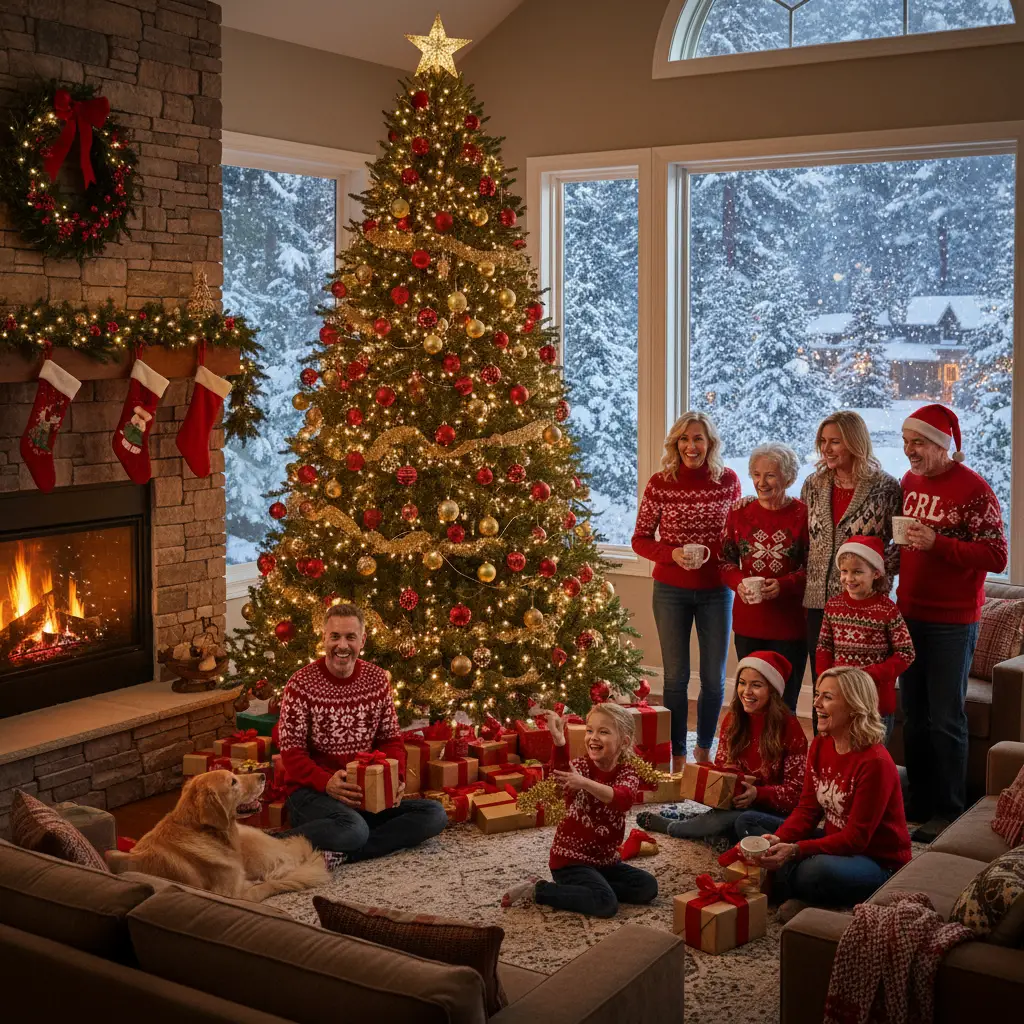 Family gathered around a christmas tree in cozy living room
