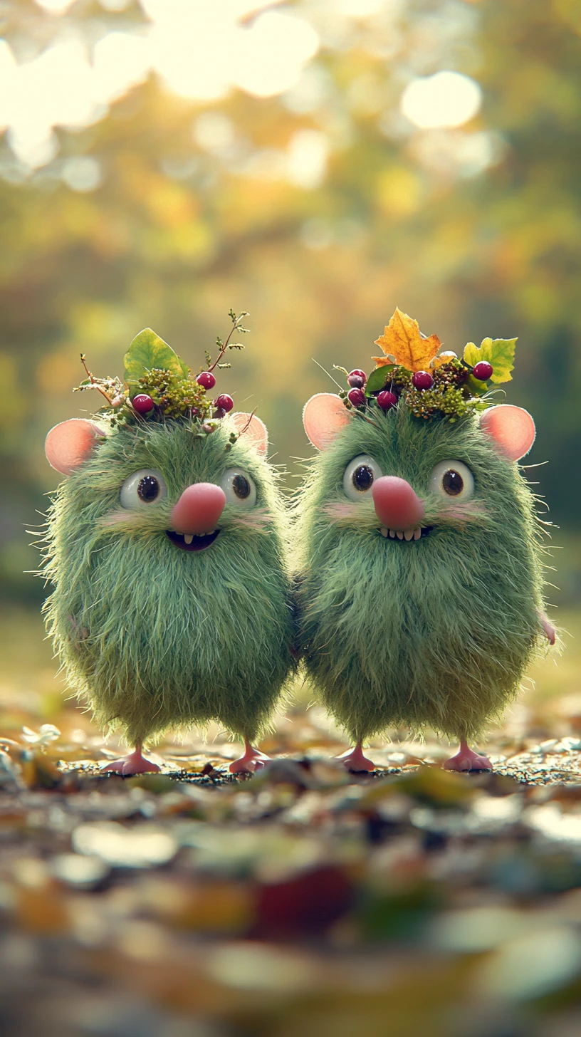 Two green furry creatures in a sunlit forest