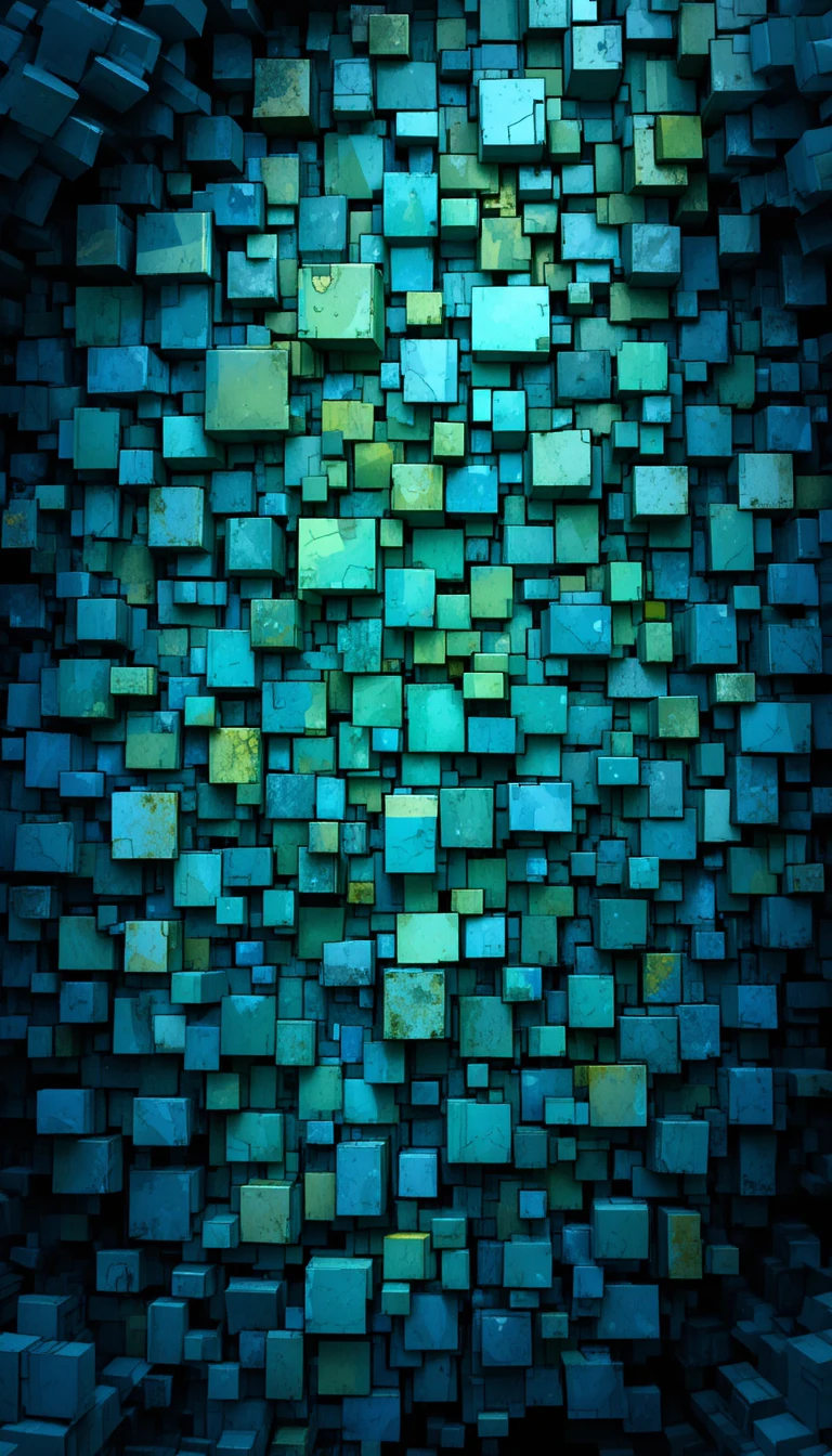 Colorful geometric mosaic of blue and green digital squares