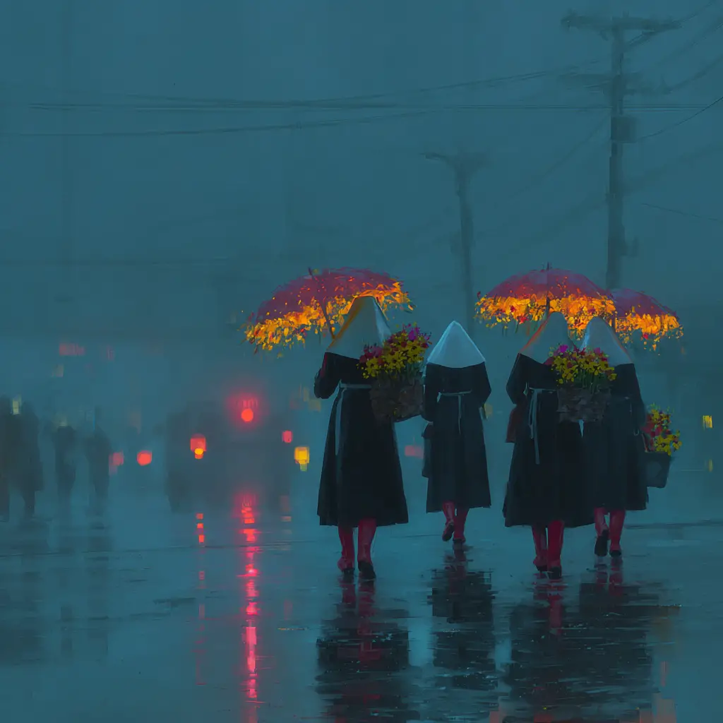 Whimsical nuns in red rainboots under glowing floral umbrellas