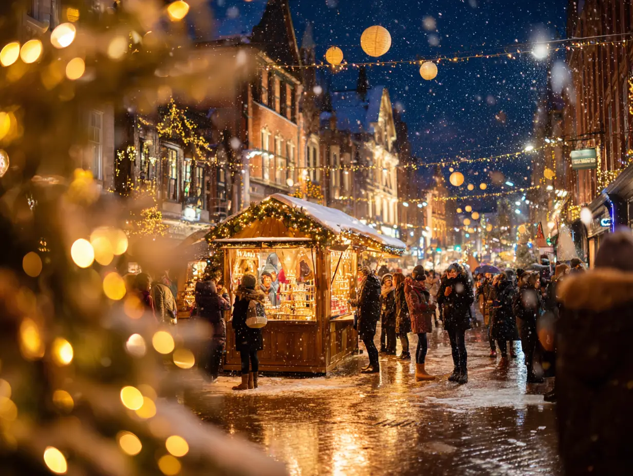 Festive night crowd in a glowing city square