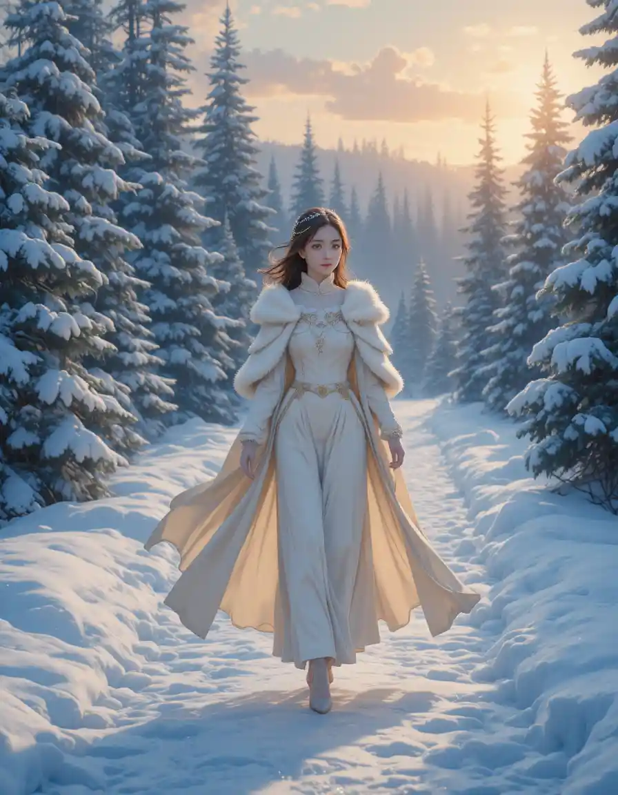 Anime girl walking on a frozen forest path at dawn