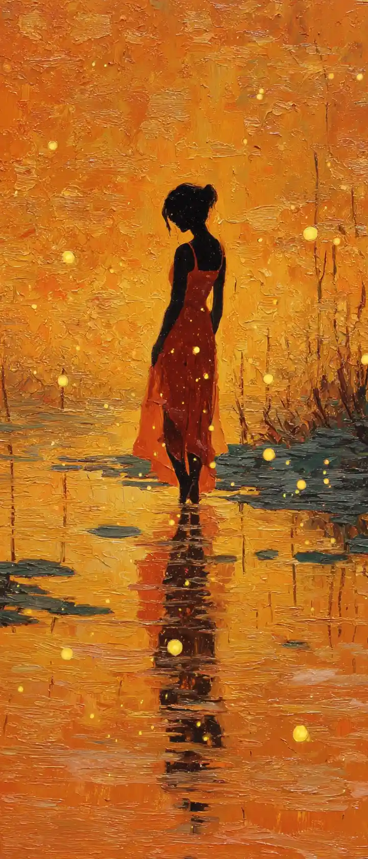 Pensive girl standing in a glowing river at night