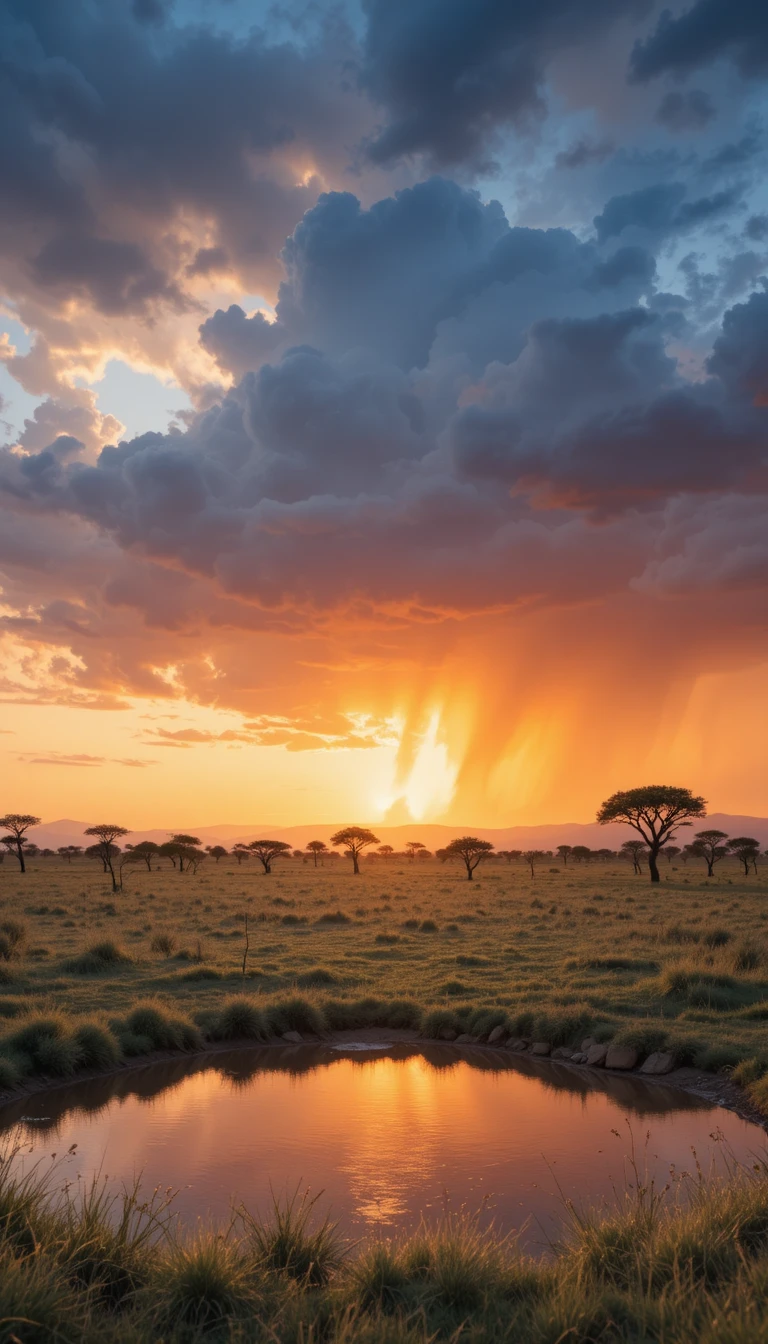 African savanna sunset with storm clouds and water hole