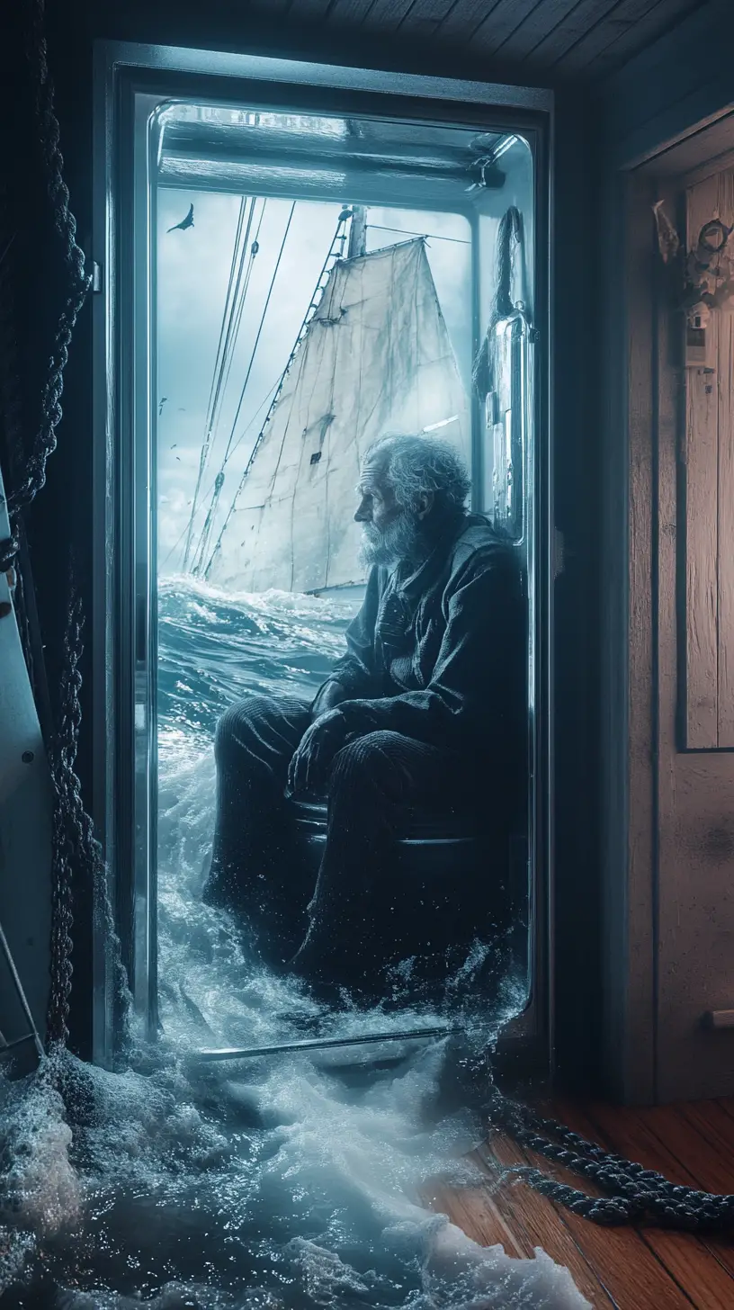 Old fisherman in a refrigerator adrift on a stormy sea