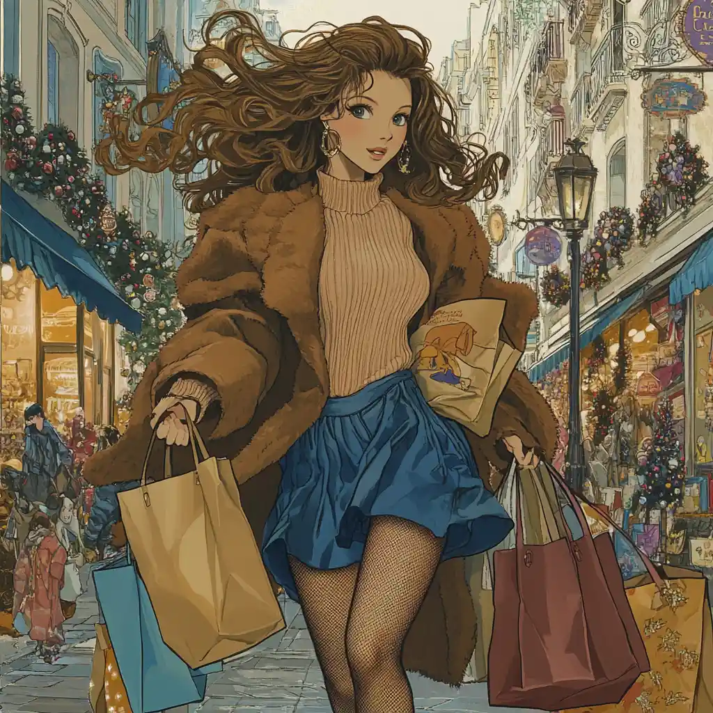 Fashion woman rushing with shopping bags on city street