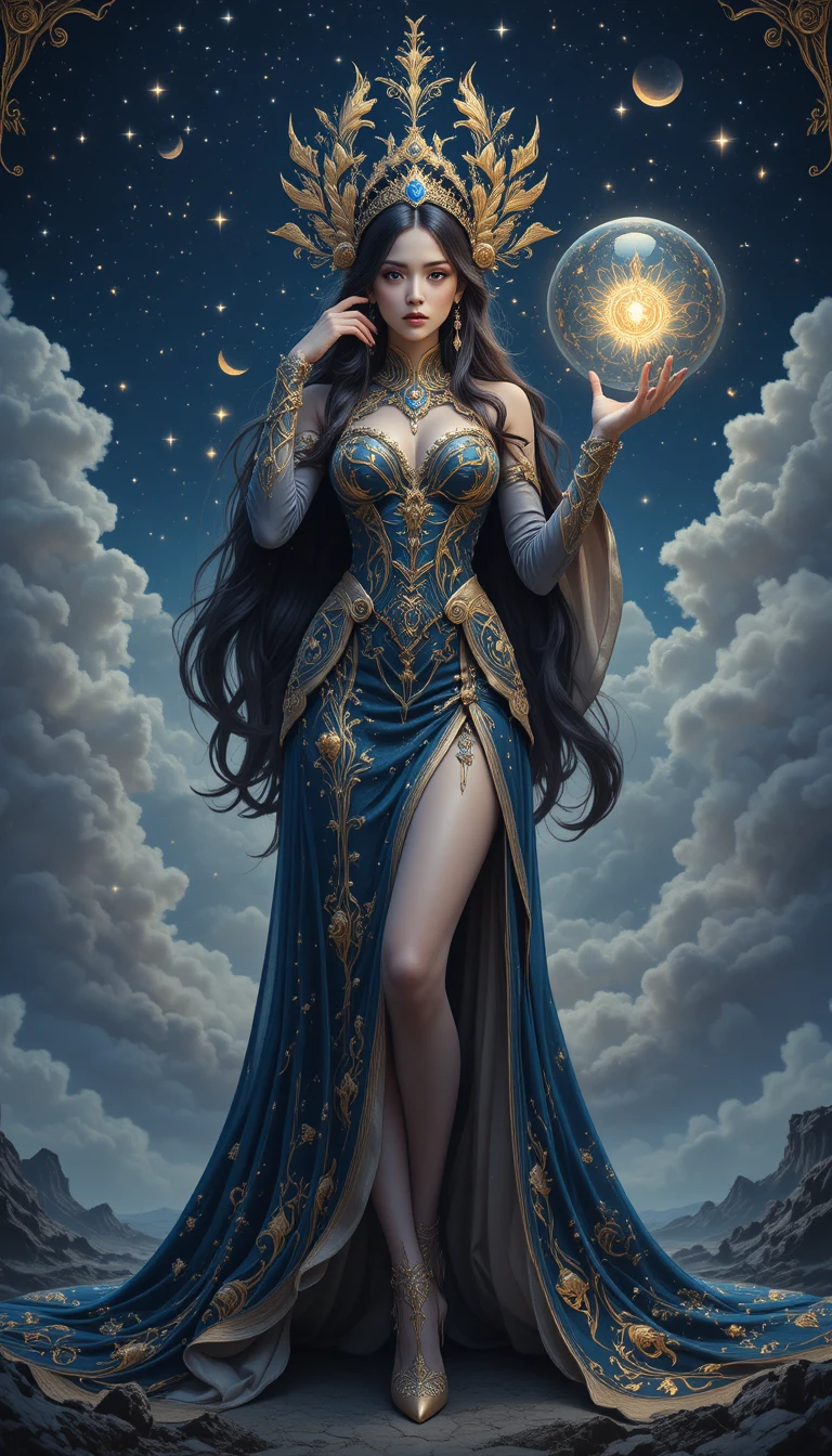 星空下手持發光球體的優雅奇幻女子