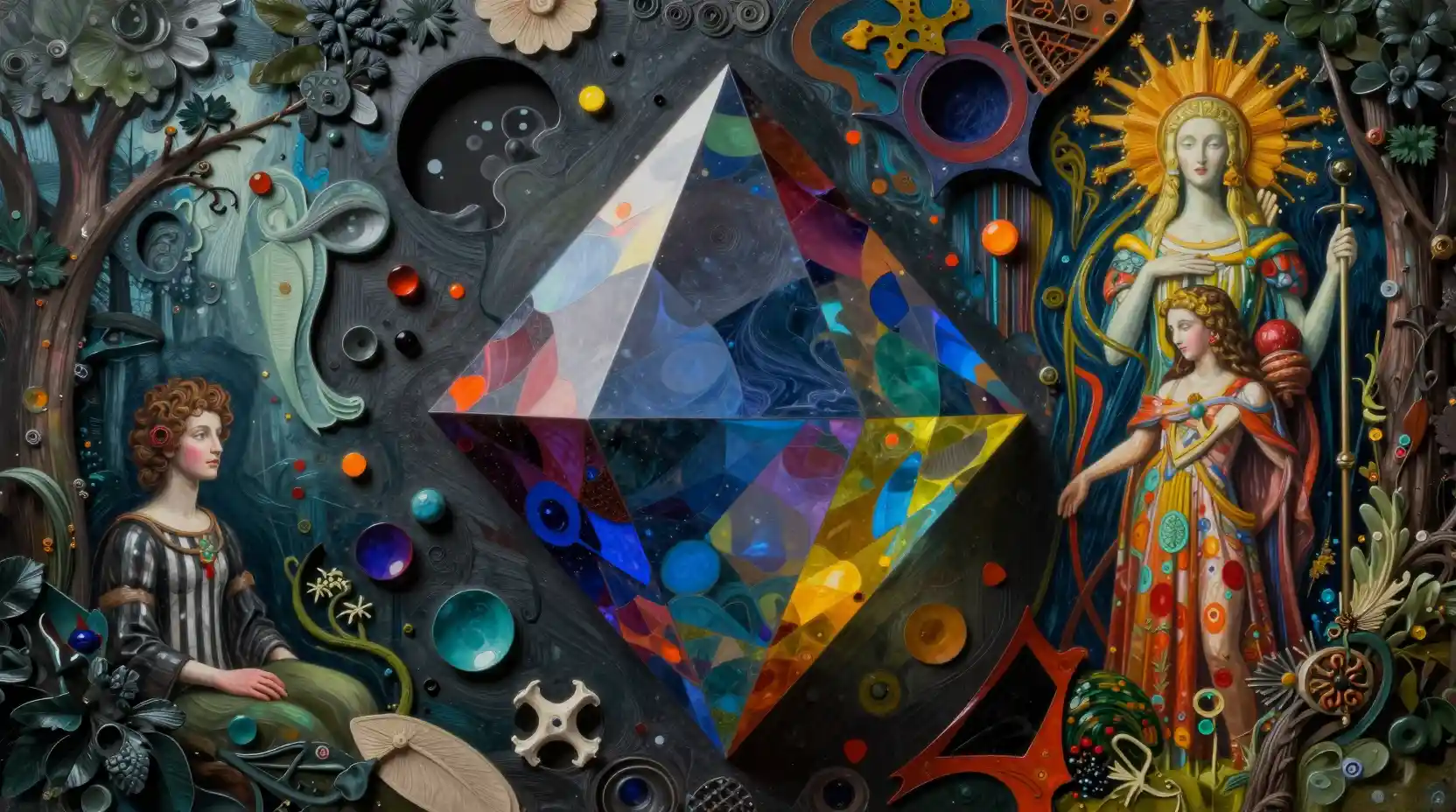 Multicolored prism collage with abstract cut out shapes