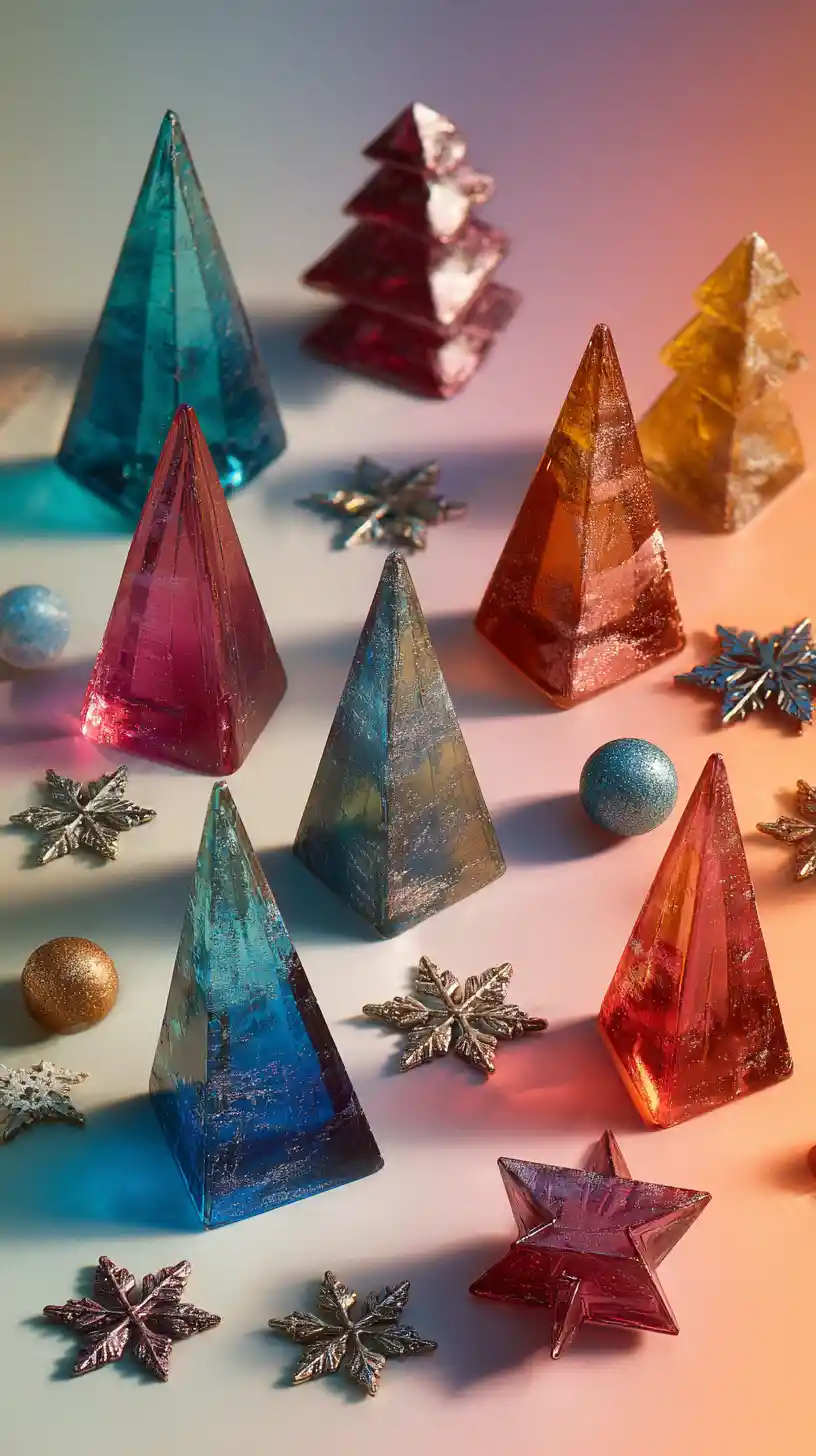 Geometrische Weihnachtsbäume mit bunten metallischen Ornamenten