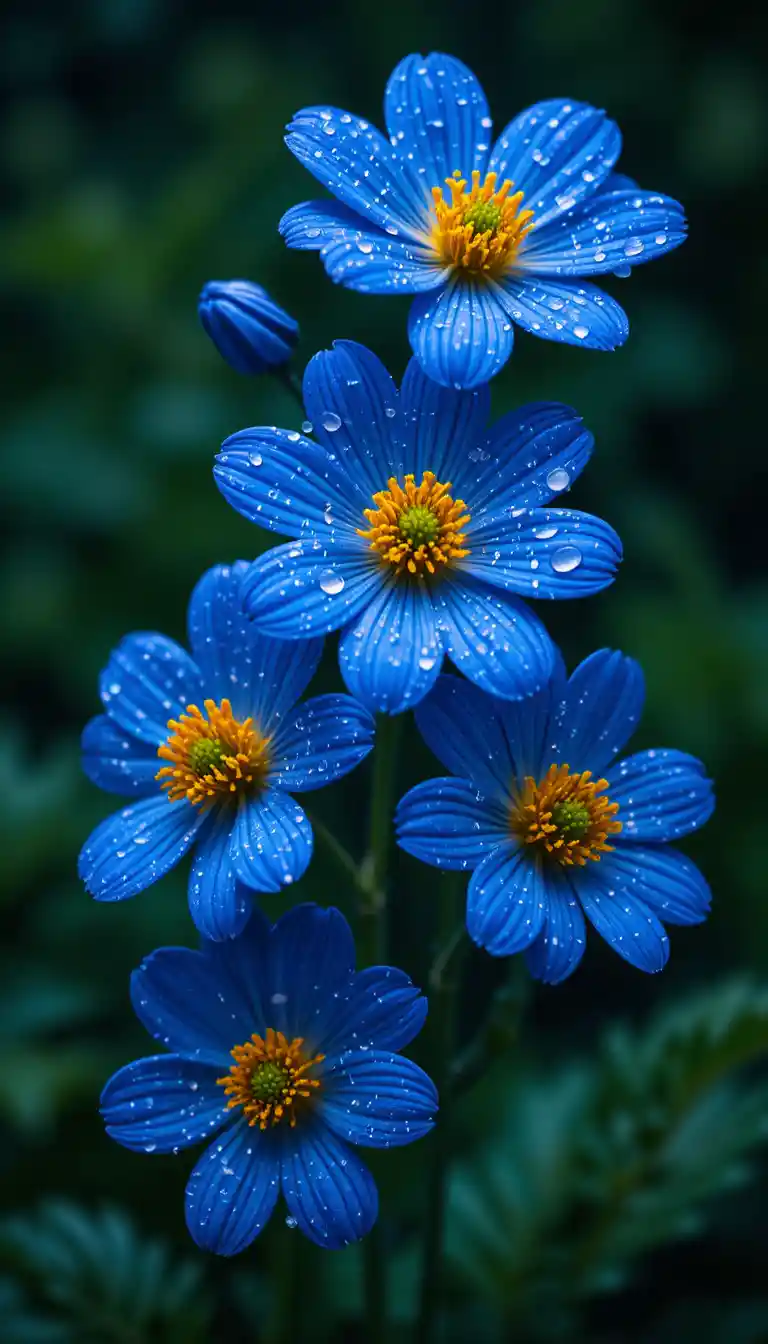 Flores azules con centros amarillos cubiertas de gotas de agua