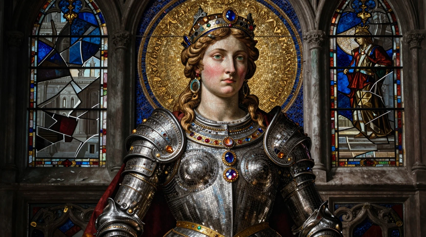 Mosaic portrait of a stoic warrior queen in ruined glass