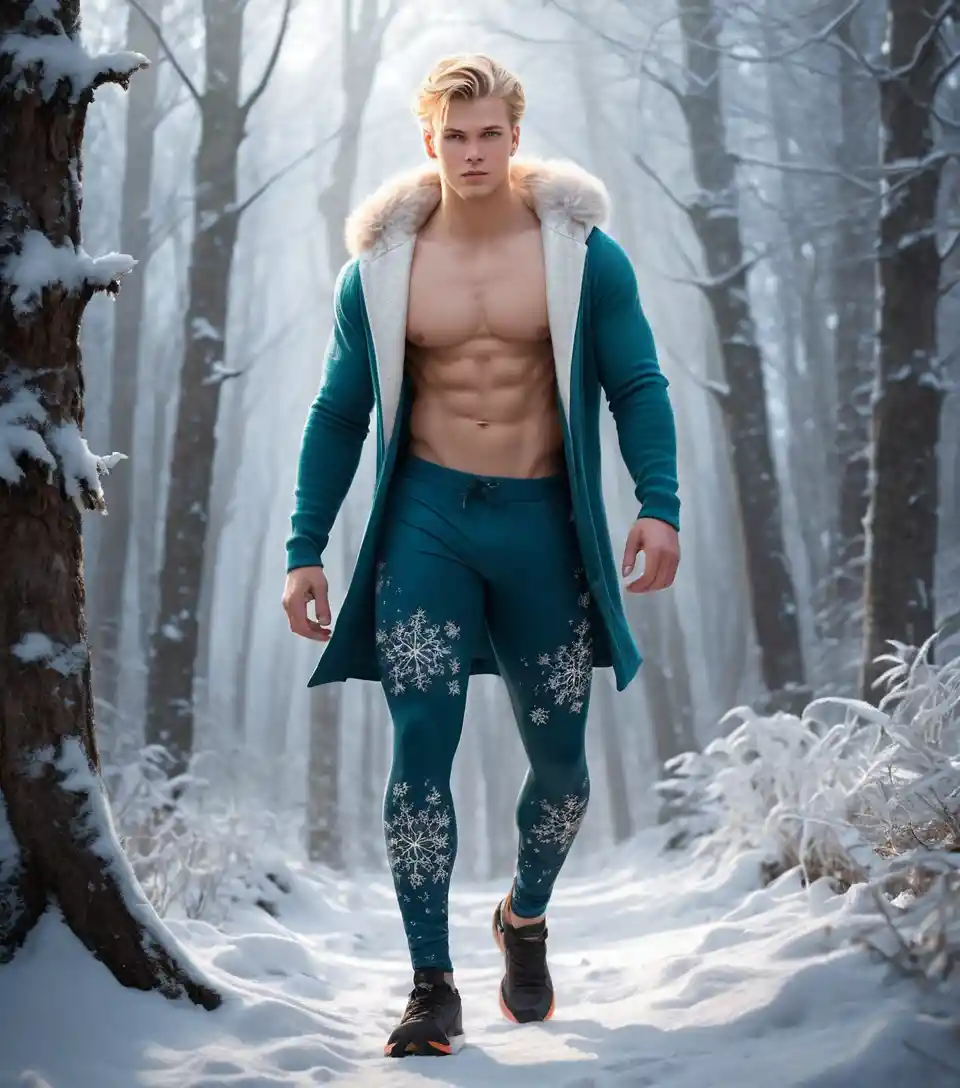 Young blond man walking through a snowy winter forest