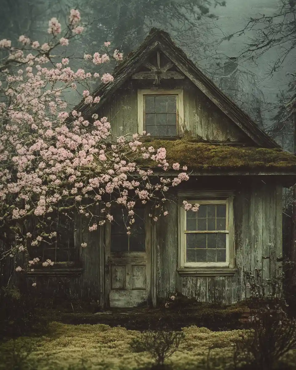 Abandoned home interior reclaimed by moss and soft blossoms