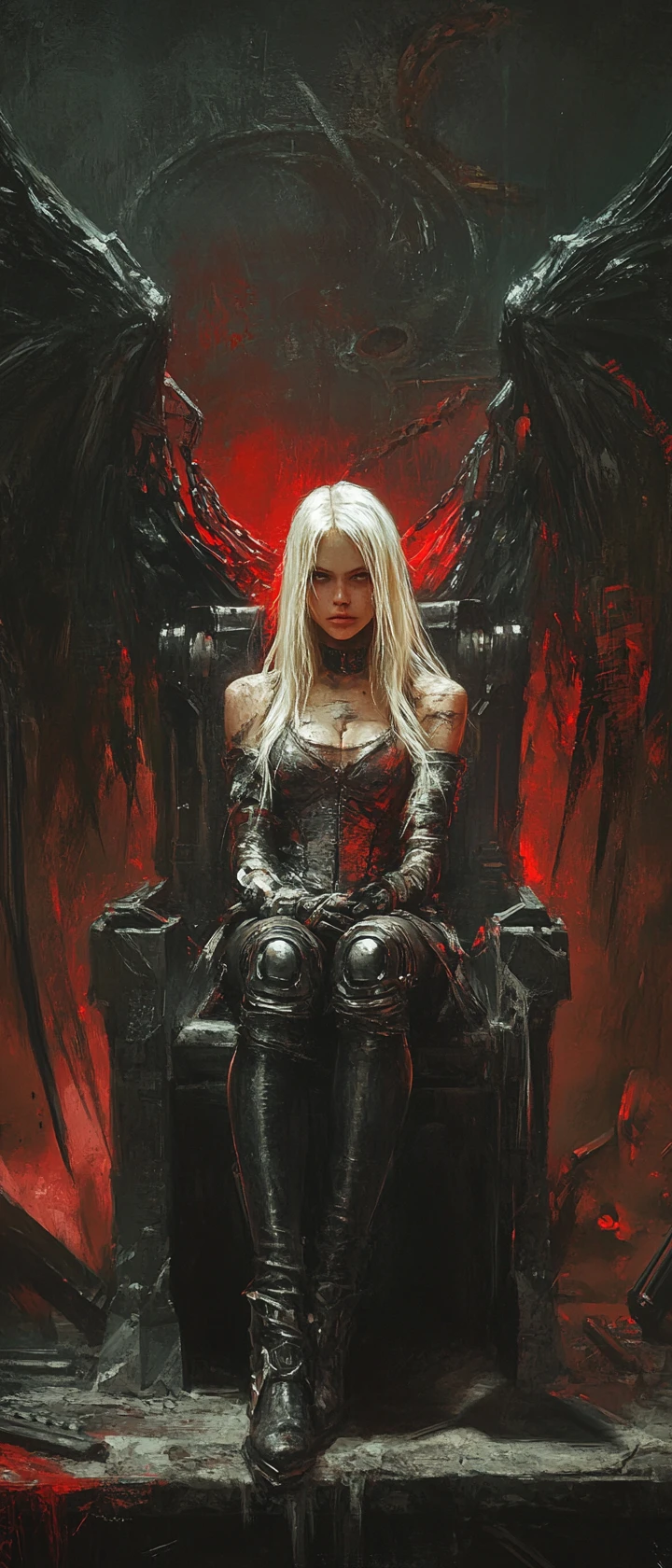 Young woman android with industrial wings in worn armor