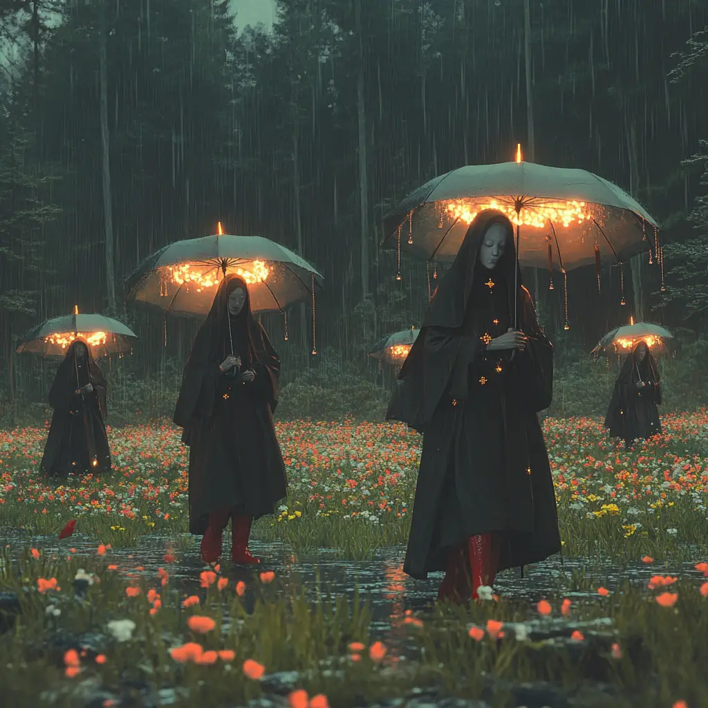 Whimsical nuns in red rainboots under floral umbrellas